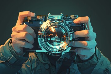 A man holding up his camera with colorful paint on it, showcasing the camera's lens and shutter button  - obrazy, fototapety, plakaty