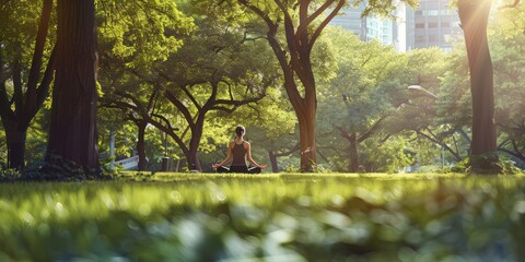 A person practicing yoga in a vibrant urban park, finding tranquility amidst city life. 