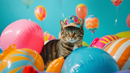feline in amusing cap among vivid inflatables on blue background