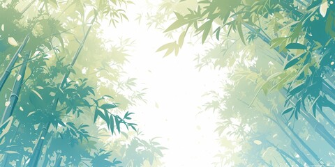 A serene bamboo forest scene with towering green stalks and delicate leaves, painted in the style of soft watercolor strokes.  - obrazy, fototapety, plakaty