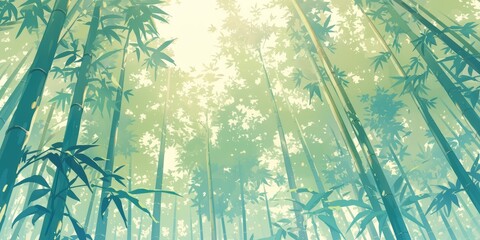 A serene bamboo forest scene with towering green stalks and delicate leaves, painted in the style of soft watercolor strokes. 