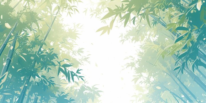 A serene bamboo forest scene with towering green stalks and delicate leaves, painted in the style of soft watercolor strokes. 