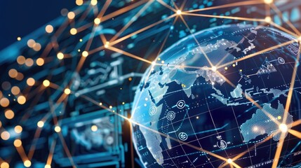 fiber optics, A globe encircled by digital networks and cryptocurrency symbols, depicting the global impact of digital finance - obrazy, fototapety, plakaty
