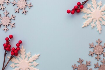 some snow flakes are arranged around a branch with berries