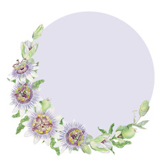 Passion flower half-round watercolor wreath isolated illustration with lilac background. Purple and green hand painted Passiflora floral frame with flowers and buds.