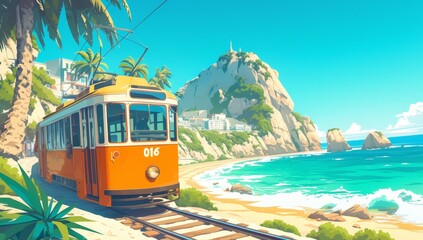  illustration of the Tramway, with its orange and white trams on tracks along a coastal road lined with palm trees, overlooking a cliffside village with clear blue waters below.  - obrazy, fototapety, plakaty