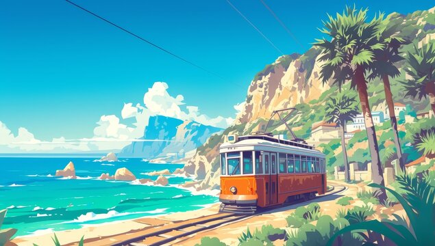  illustration of the Tramway, with its orange and white trams on tracks along a coastal road lined with palm trees, overlooking a cliffside village with clear blue waters below. 
