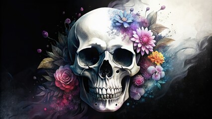 Floral Adorned Human Skull with Dark Backdrop - Artistic human skull decorated with vibrant flowers and soft, ethereal smoke against a moody dark background, symbolizing life and death.