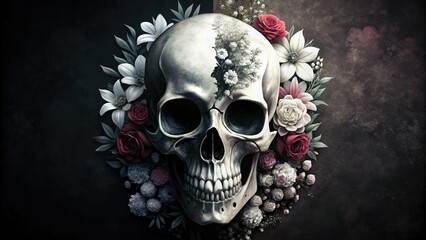 An artistic representation of a human skull surrounded by a mystical array of colorful flowers and ethereal smoke, blending mortality with beauty.