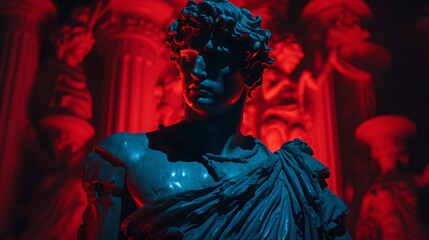 a statue of a man in a red room - obrazy, fototapety, plakaty