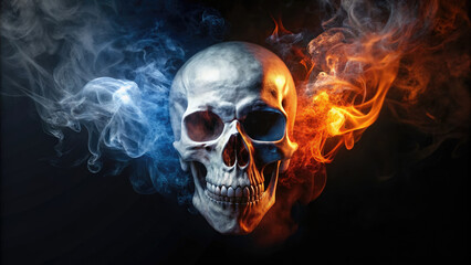 Eerie human skull with red eye surrounded by smoke - A digital painting of a human skull with red and white roses, balancing beauty and mortality