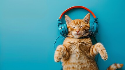 Fulfilled cheerful little cat in earphones on blue background