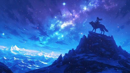A wolf standing on top of a mountain howling. A girl riding him with her arms around his neck, stars and galaxies 