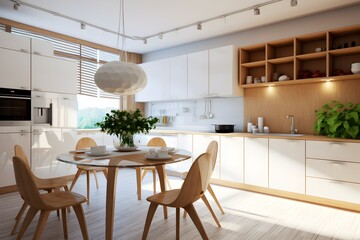 A spacious kitchen in white colors, illuminated by natural light and equipped with modern appliances - 769735623