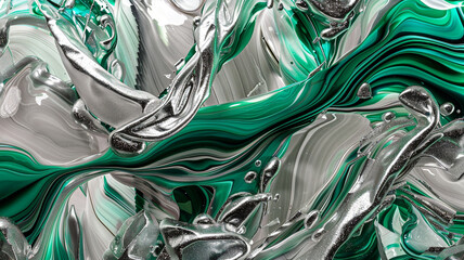 A luxurious abstract fluid art painting background using the alcohol ink technique in shades of silver and emerald green, swirling elegantly like precious stones submerged in water. 