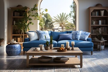 A cozy, well-lit living room adorned with Moroccan-style decor, featuring vibrant patterns and plush cushions - 769735647