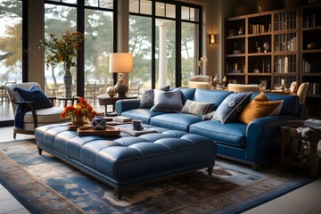 A well-decorated Moroccan-style living room with a luxurious blue sofa adorned with various patterned cushions, bookshelf filled with books and a large windows revealing trees outside - 769735648