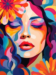 Illustration of a striking and colorful portrait of a woman, merging natural and surreal elements.