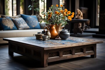 A serene and elegant indoor setting in Moroccan style, showcasing a beautifully crafted table adorned with pottery and vibrant flowers - 769735655