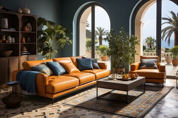A cozy living room in Moroccan style, featuring a luxurious leather sofa with blue cushions, set against a backdrop of large windows revealing a sunny exterior with palm trees - 769735661