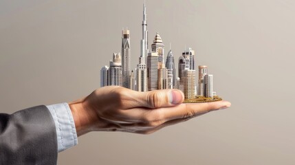 hand holding a pencil, A photo of a businessman's hand is shown holding a miniature replica of a city skyline, with tall buildings and landmarks, against a neutral background - obrazy, fototapety, plakaty