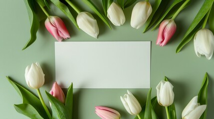 White paper mockup with tulips flowers, spring mockup