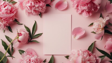 White paper mockup on background with peonies flowers