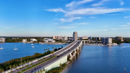 A drone photo of the road to Clearwater Beach, Florida