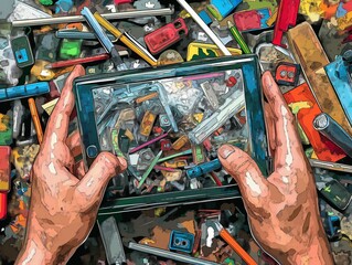 A person is holding a tablet with a messy background. Concept of disorganization and chaos, as the tablet is surrounded by various objects such as scissors, a knife, and a cell phone - obrazy, fototapety, plakaty