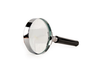 Magnifying glass with black handle, insulated on white. Front view