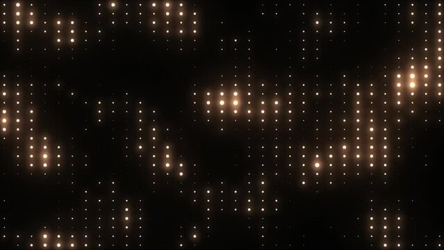 Golden disco lights background. Glowing disco party animation. VJ background. Flicker wall lights. Night club, music video, LED screen and projector, glamour and fashion event, jazz, pop. 4k loop. 