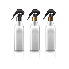 Blank clear square cosmetic bottles with silver-gold-copper spray head for beauty, healthy or food product. Isolated on white background. Ready to use for package design. Vector illustration.