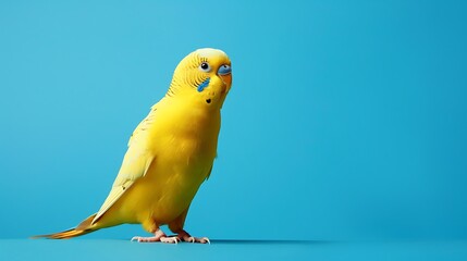 Interesting and charming yellow budgie budgerigar presenting with one decisive advantage over blue background - obrazy, fototapety, plakaty
