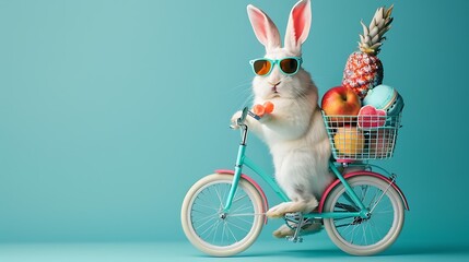 interesting creature rabbit with shades and bycicle stacked wiht hidden treats pastel blue background