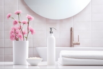 cosmetic tube with a dispenser for liquid soap or shower gel, folded towels and a vase with pink flowers on the background of a sink in a light bathroom, cosmetic background