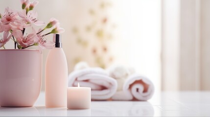 cosmetic background, aromatic candles, pink flowers in a vase on the background of the bathroom, concept of aroma and spa treatment at home - obrazy, fototapety, plakaty