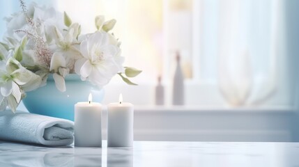 Fototapeta na wymiar cosmetic background, aromatic candles, blue flowers in a vase on the background of the bathroom, concept of aroma and spa treatment at home