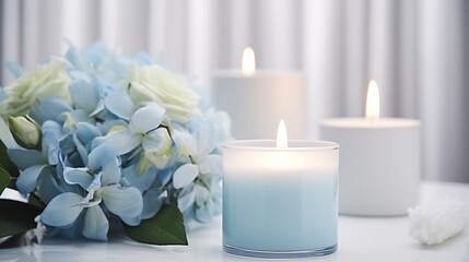 Obraz na płótnie Canvas cosmetic background, aromatic candles, blue flowers in a vase on the background of the bathroom, concept of aroma and spa treatment at home