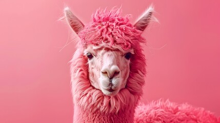 Fototapeta premium Interesting pink alpaca on pink background