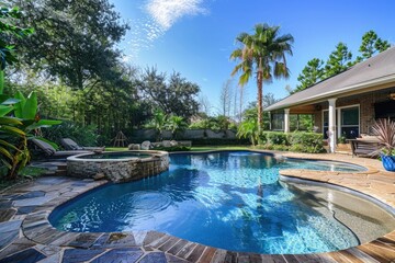 a large home swimming pool at the exterior backyard of big villa house with trees