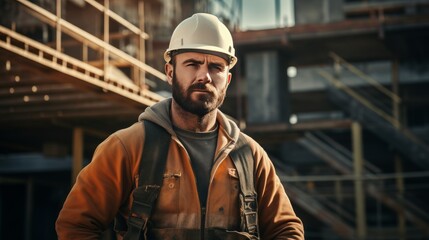 portrait of a male builder in a hard hat against the background of a construction site