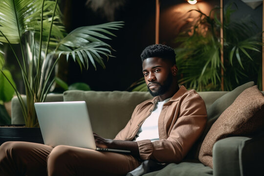 a dark-skinned man works on a laptop while sitting on the couch at home in a comfortable atmosphere, the concept of freelancing and remote professions