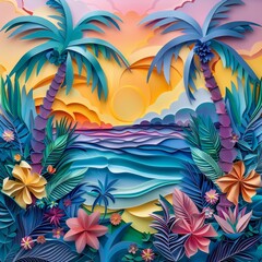 An intricate quilled paper art style illustration of a tropical paradise, with a dreamy pastel tropical color palette.