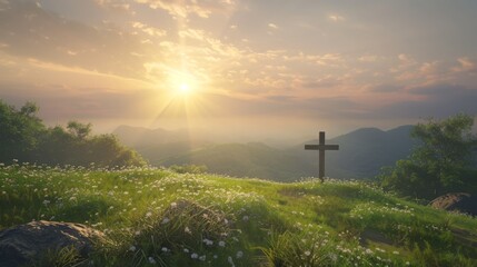 A wooden cross on a hill, easter landscape