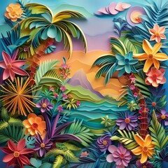 Fototapeta na wymiar An intricate quilled paper art style illustration of a tropical paradise, with a dreamy pastel tropical color palette.