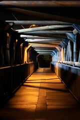 Night-time view of an illuminated pathway in a dimly lit environment.