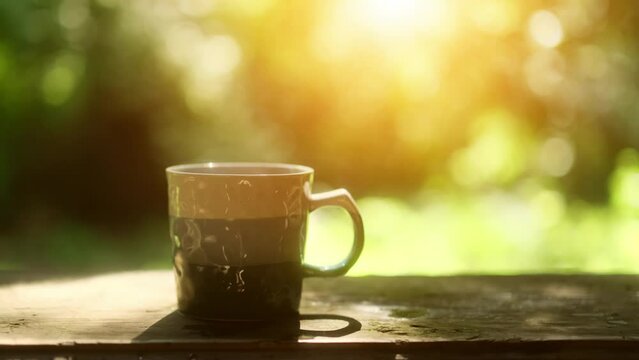Cup of hot tea on the terrace railing against the backdrop of a green garden and sunlight, stock footage video 4k