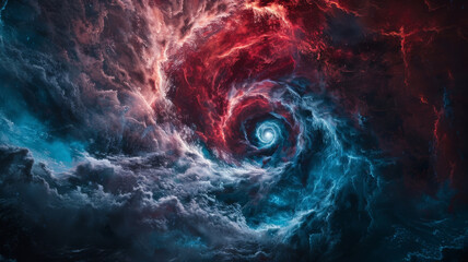 Red ocean storm with calm blue ocean in the eye