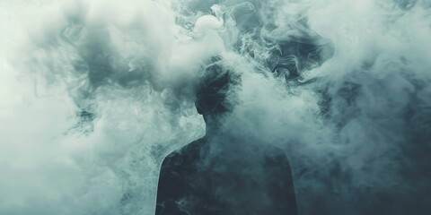 A person is standing in front of a cloud of smoke - obrazy, fototapety, plakaty