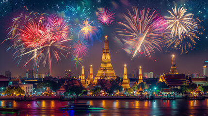 Thailand temple in the night time, firework on background, newyear festival with the temple